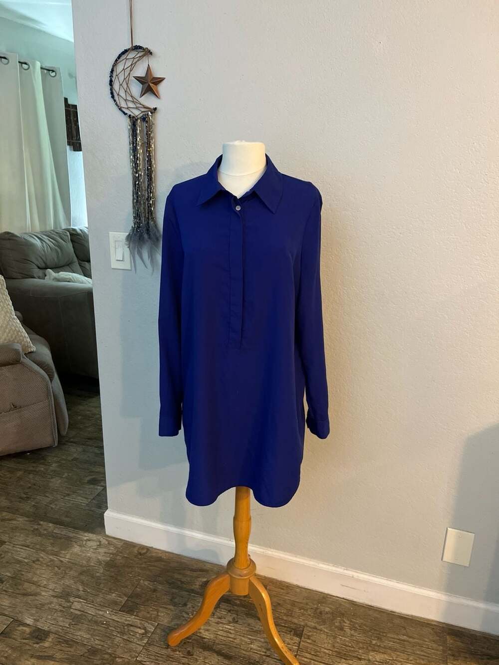 Vince Camuto Royal Blue Long Sleeve High-Low Tunic Blouse